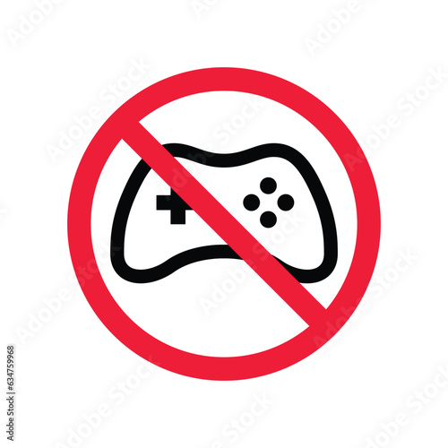 Forbidden joystick vector icon. Warning, caution, attention, restriction, label, ban, danger. No gamepad flat sign design pictogram symbol. No game pad joystick icon