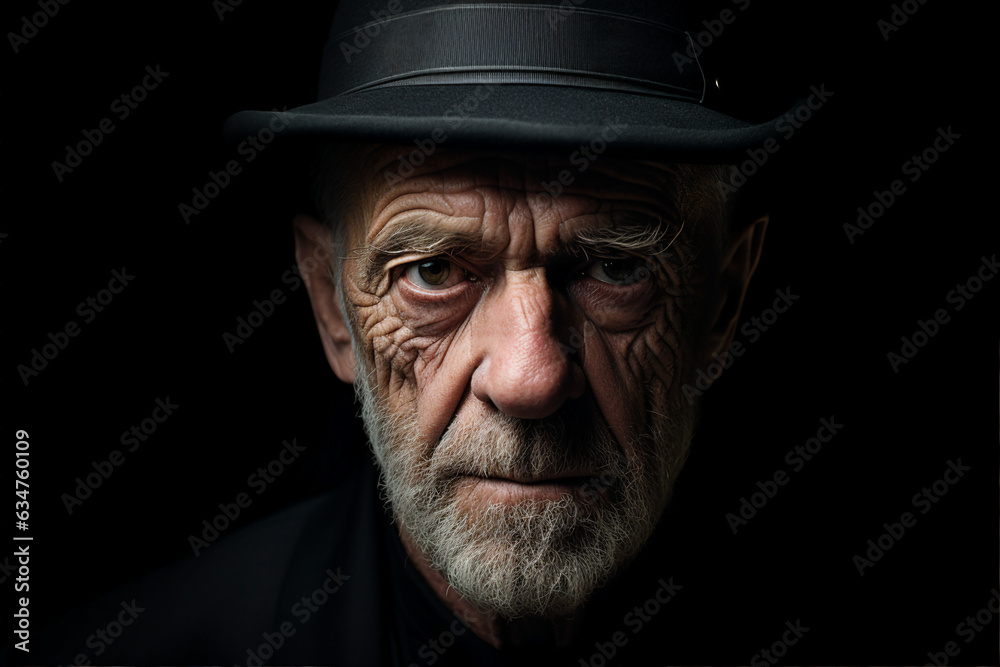 Generative ai portrait of aged man feeling sad upset looking in camera over black background Generative ai portrait of aged man feeling sad upset looking in camera over black background