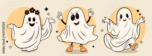 Groovy retro halloween ghosts set. Spooky vibes. Vector illustration.