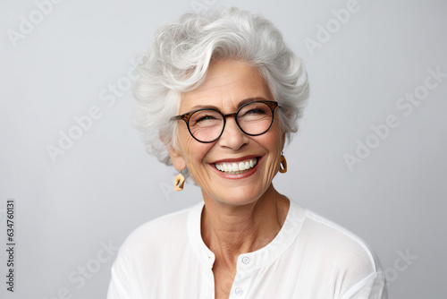 Generative ai collage image picture of aged lady happy smiling over grey background