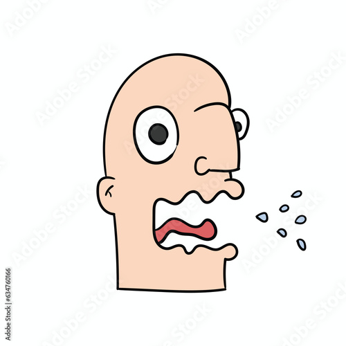 Close-up of a hand-drawn cartoon burping face of a man on a white background.