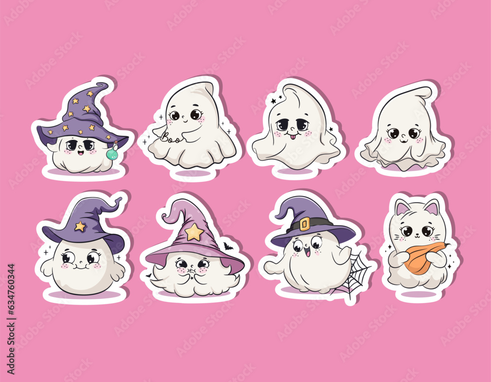 Cute halloween baby ghosts sticker set. Cartoon characters for kids. Vector illustration.