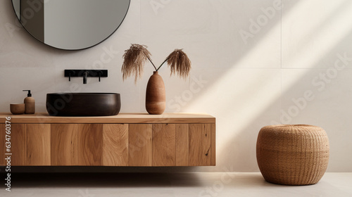 A close-up of the wood vanity and leather pouf in a minimalist bathroom.