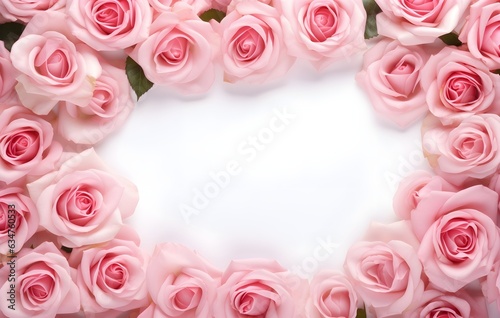 Pink roses border for wedding card  greeting  invitation  save the date card. Border on pink background. Top view and Copy space