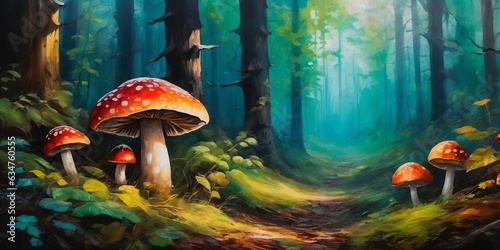 Magic fairy tale and mushrooms in the forest, generative ai © POLEX