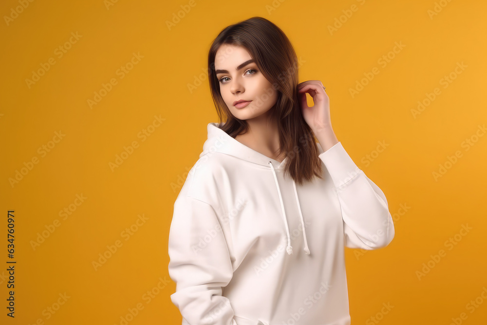 Young woman wearing white sweatshirt mockup, at yellow background. Design pullover template, print presentation mock-up, generative AI