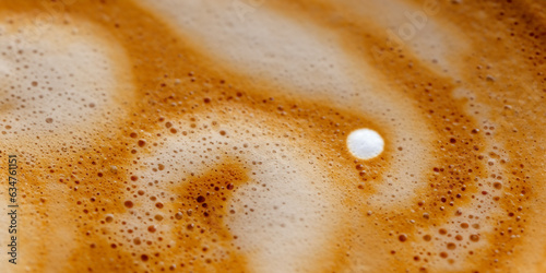 Cappuccino milk foam spiral close-up. Background texture of foam with bubbles of whipped milk in coffee. photo