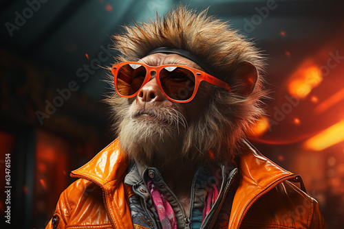 Leinwand Poster Monkey or ape with sunglasses and jacket, surreal animal character, cool portrai