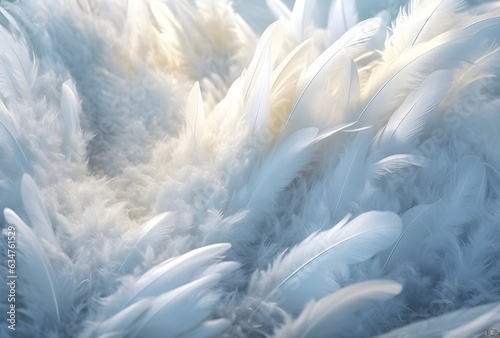 Beautiful Soft and Light White Fluffy Feathers with blue background. Abstract. Heavenly Dreamy Fluffy Colorful Sky. Swan Feather © Bulder Creative