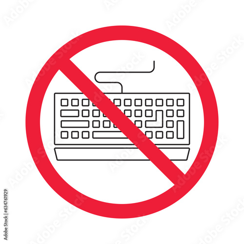 Forbidden keyboard vector icon. Warning, caution, attention, restriction, label, ban, danger. No keypad flat sign design pictogram symbol. No clavier icon