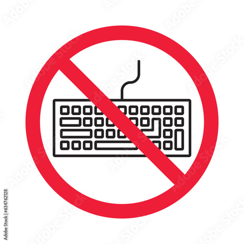 Forbidden keyboard vector icon. Warning, caution, attention, restriction, label, ban, danger. No keypad flat sign design pictogram symbol. No clavier icon