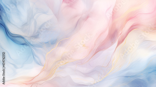 Abstract watercolor paint background illustration - Soft pastel pink blue color and golden lines, with liquid fluid marbled paper texture 