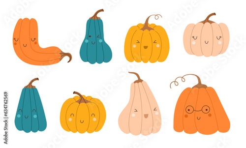 Cartoon cute pumpkins set. Autumn thanksgiving and halloween pumpkins collection. Vector illustrations