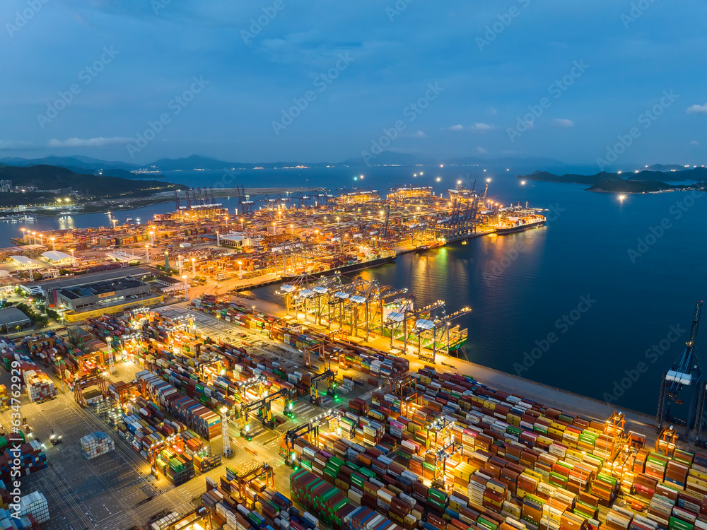 Aerial view of Yantian international container terminal at night in Shenzhen city, China