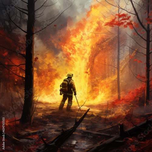 Firefighter in a protective suit and helmet with a burning fire in the background. Firefighter in the forest. Illustration with fire and flames. Firefighter fighting a fire in the forest. illustration