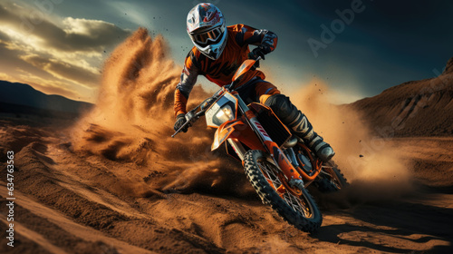 a racer on a cross machine drives through a desert and whirls up a lot of sand. © jr-art