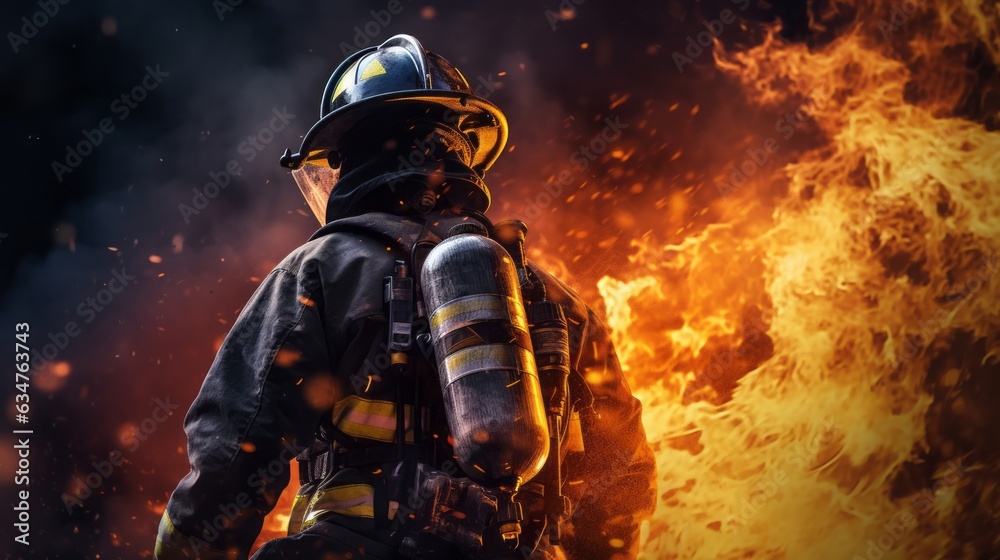 Firefighter in a protective suit and helmet with a burning fire in the background. Firefighter in the forest. Illustration with fire and flames. Firefighter fighting a fire in the forest.