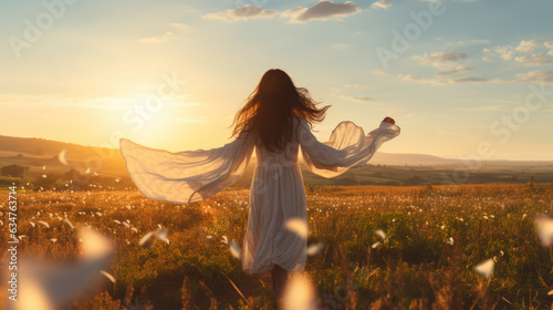 a young pretty woman with long brown hair in a long white dress is walking through a field in the evening.