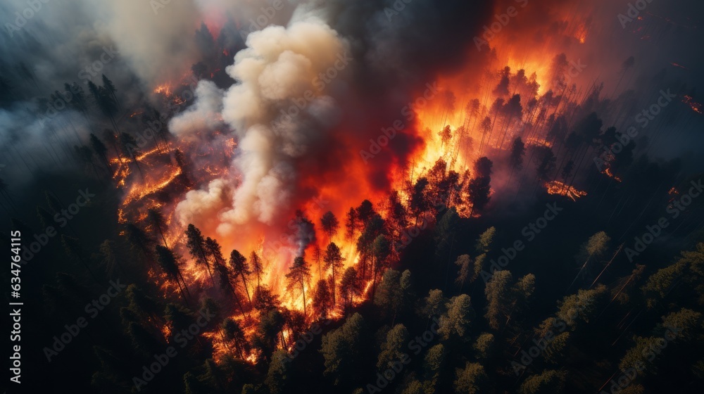 Wildfire in the woods. Aerial shot of Forest fires. Drone shot of a raging woodland fire. Burning trees, fire in the woods. Burning forest after wildfire. Deforestation and carbon dioxide emissions.