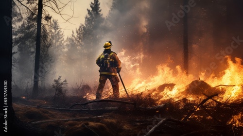 Firefighter extinguishing a fire. Firefighter in a protective suit and helmet with a burning forest fire in the background. Dangerous Firefighter job, a rescue mission in the middle of a forest fire.