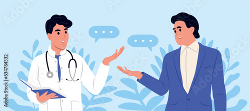 A male doctor is talking to a patient at the doctor's office. Prostate Cancer awareness month