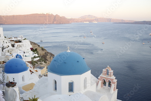 Blue dome roof in an orthodox church on a beautiful landscape in the bay of Santorini, Greece, Mediterranean Sea