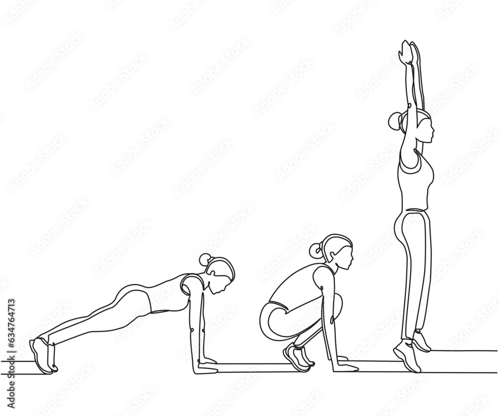 Burpees Exercise Line Drawing, Burpees Exercise One Line Art, Burpee 