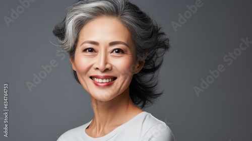 Close-up portrait of a beautiful and happy middle-aged Asian woman. Senior woman in her 50s looking