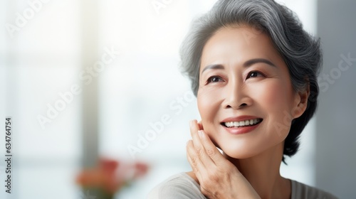 Close-up portrait of a beautiful and happy middle-aged Asian woman. Senior woman in her 50s looking