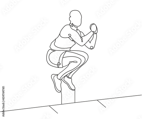 Knee To chest tuck jump exercise Line Drawing, Tuck Jump one line art, Knee To Chest Tuck Jump exercise, Continuous one line drawing, work out clip art,  workout fitness, standing long jumping posture