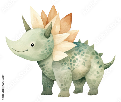 Hand drawn watercolor triceratops isolated. Cartoon style illustration.