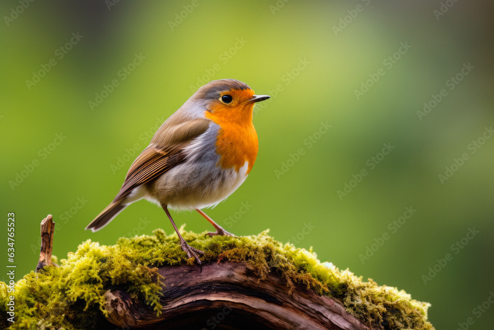 Close up view of Eurasian robin Erithacus rubecula European robin perched on a log.