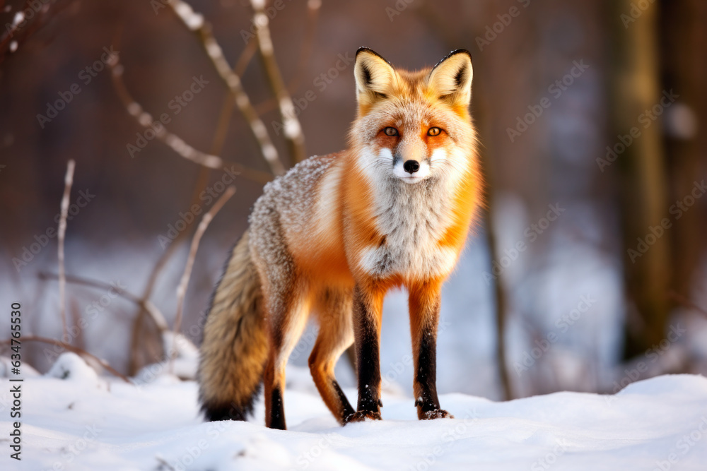 European red fox  Vulpes vulpes in winter. A common wil animal of the dog family in snow.