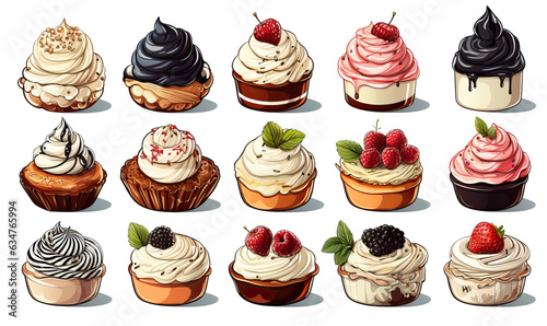 A set of sketches of cupcakes on a white background.
