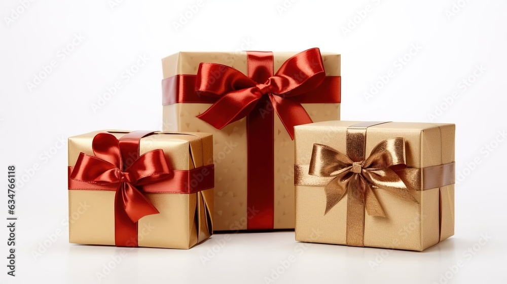 Fototapeta premium Christmas gift boxes placed on a white background. Created using generative AI technology.