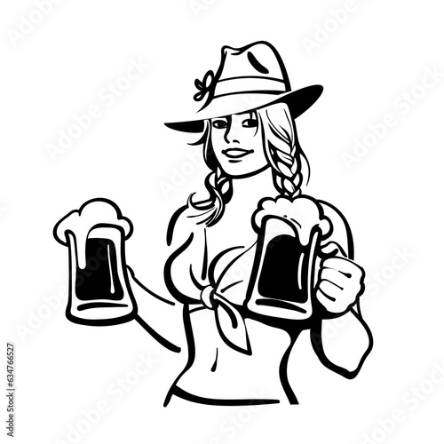 Hand drawn young sexy waitress in cowboy hat serving big beer mugs. Vector vintage beer logo or emblem