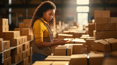 Female distribution warehouse worker or seller holding e-commerce shipping order boxes preparing for dispatching, post courier delivery