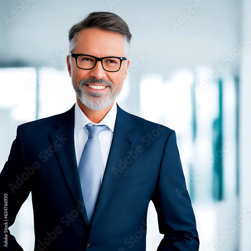 Smiling confident mature businessman looking at camera standing in office. Elegant stylish corporate leader successful ceo executive manager wearing glasses posing for headshot business