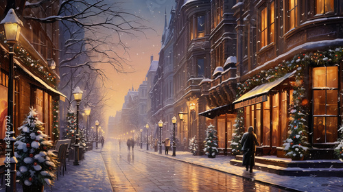 Urban Festivity: Christmas Spirit Shines on a Snowy Evening Street