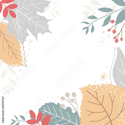 Postcard background banner with autumn leaves hand drawn in pastel colors. Flat style. vector illustration.