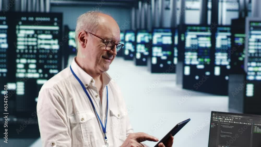 Meticulous computer scientist in data center, solving tasks on tablet while running scripts on laptop terminal. Precise admin amidst servers, accessing databases and manipulating lines of code Meticulous computer scientist in data center, solving tasks on tablet while running scripts on laptop terminal. Precise admin amidst servers, accessing databases and manipulating lines of code