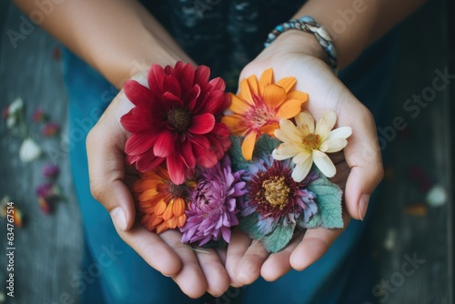 Mindfulness for mental and emotional wellbeing. Alternative medicine. Female hands with many jentle flowers. Meditation, Breathing, Intentions, Connecting. photo