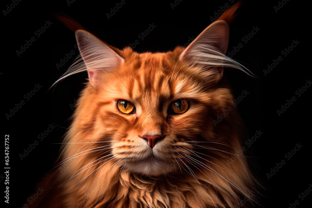 Fototapeta premium Red Maine Coon close-up on a black background, portrait