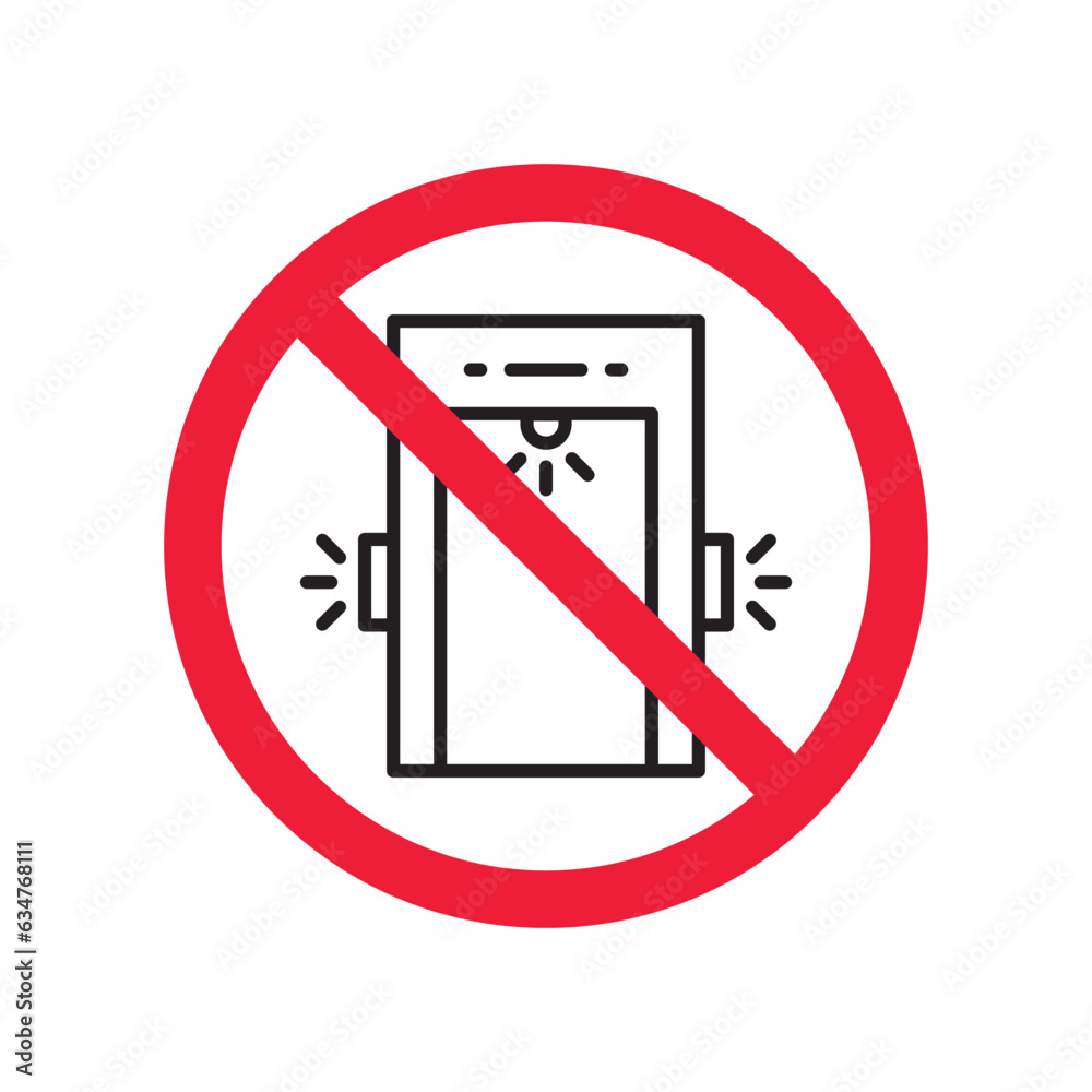 Forbidden metal detector vector icon. Warning, caution, attention, restriction, label, ban, danger. No metal detector flat sign design pictogram symbol. No check control icon Forbidden metal detector vector icon. Warning, caution, attention, restriction, label, ban, danger. No metal detector flat sign design pictogram symbol. No check control icon