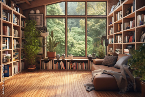 Modern interior Reading room next to the window in natural style
