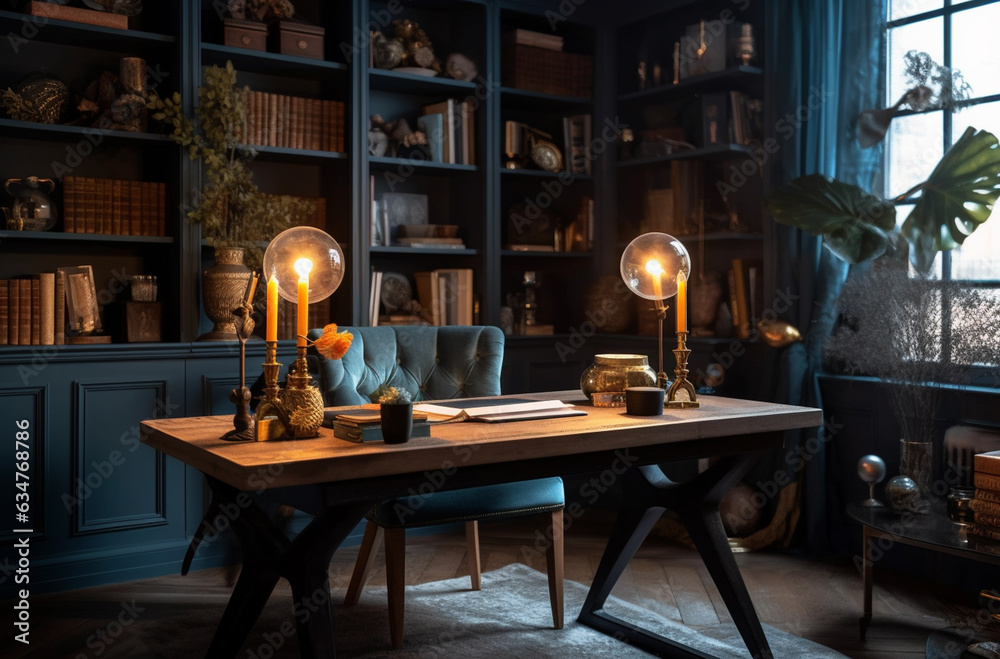 Fototapeta premium Modern interior design Office decorated in blue and gold in modern vintage style