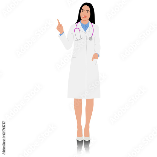 Hand drawn female healthcare worker. Happy smiling doctor in white coat with stethoscope. Medical worker pointed sideways. Vector flat style illustration set isolated on white