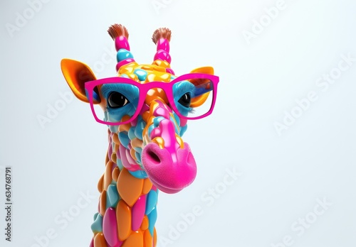 Stylish giraffe wearing a pair of trendy sunglasses. Digital art. Colored figurine made of ceramics, plasticine, plastic, other material. Illustration for cover, card or print.