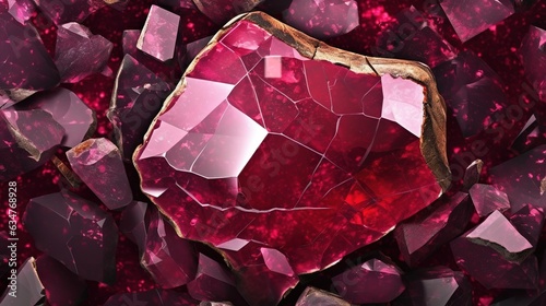 Rough red ruby crystal. Natural gemstone for jewetry. Rhodonite. Manganese silicate mineral. The concept of geology or mineralogy. Illustration for banner, poster, cover, brochure or presentation. photo