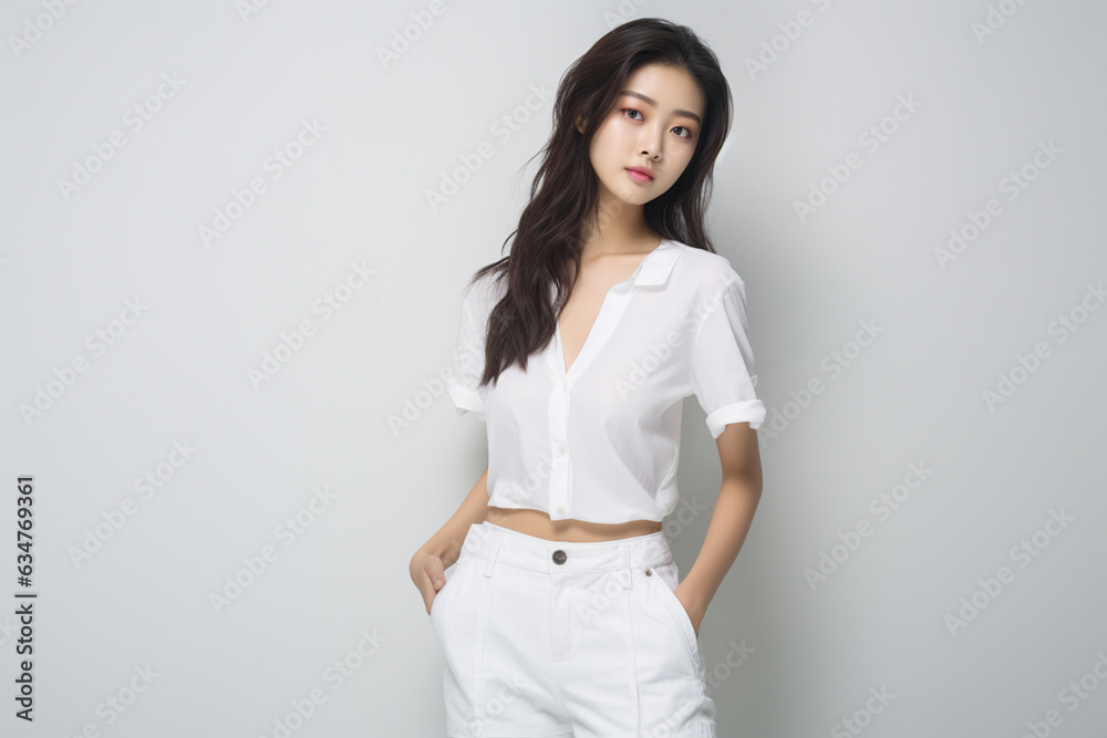 korean woman college student on a gray background with white shirt korean woman college student on a gray background with white shirt